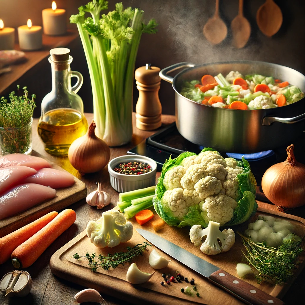 Preparation of chicken cauliflower soup.