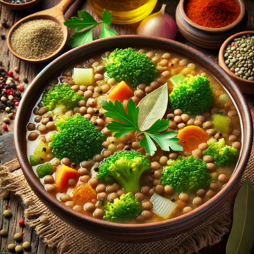 DALL·E 2024-06-18 15.11.30 – A close-up view of a hearty bowl of broccoli and lentil soup with all its ingredients visible. The soup includes chunks of broccoli florets, lentils,