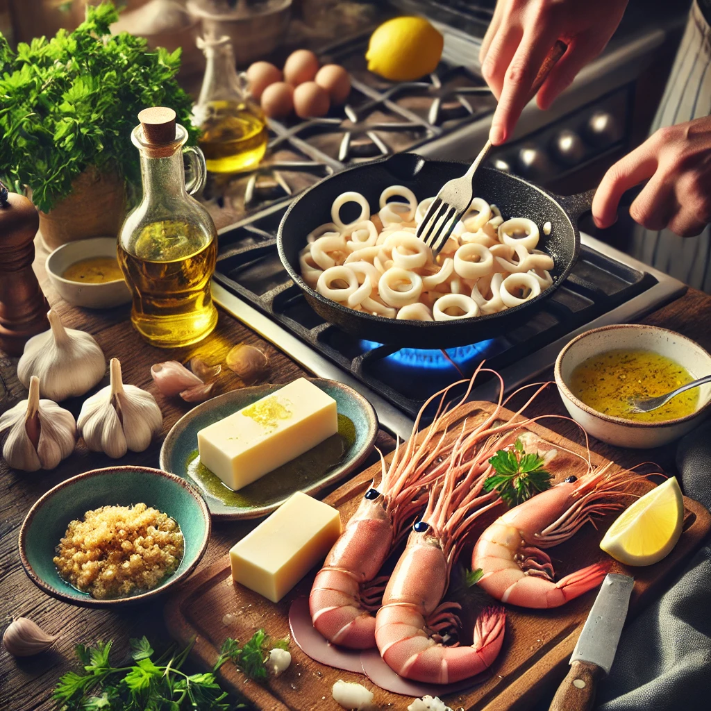 preparation of the Butter Garlic Squid and Shrimp 