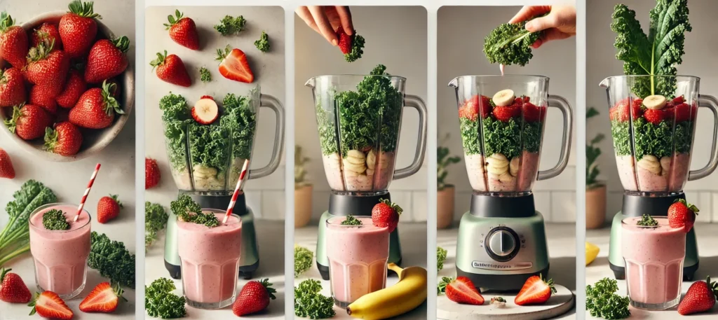 preparation of strawberry kale banana smoothie