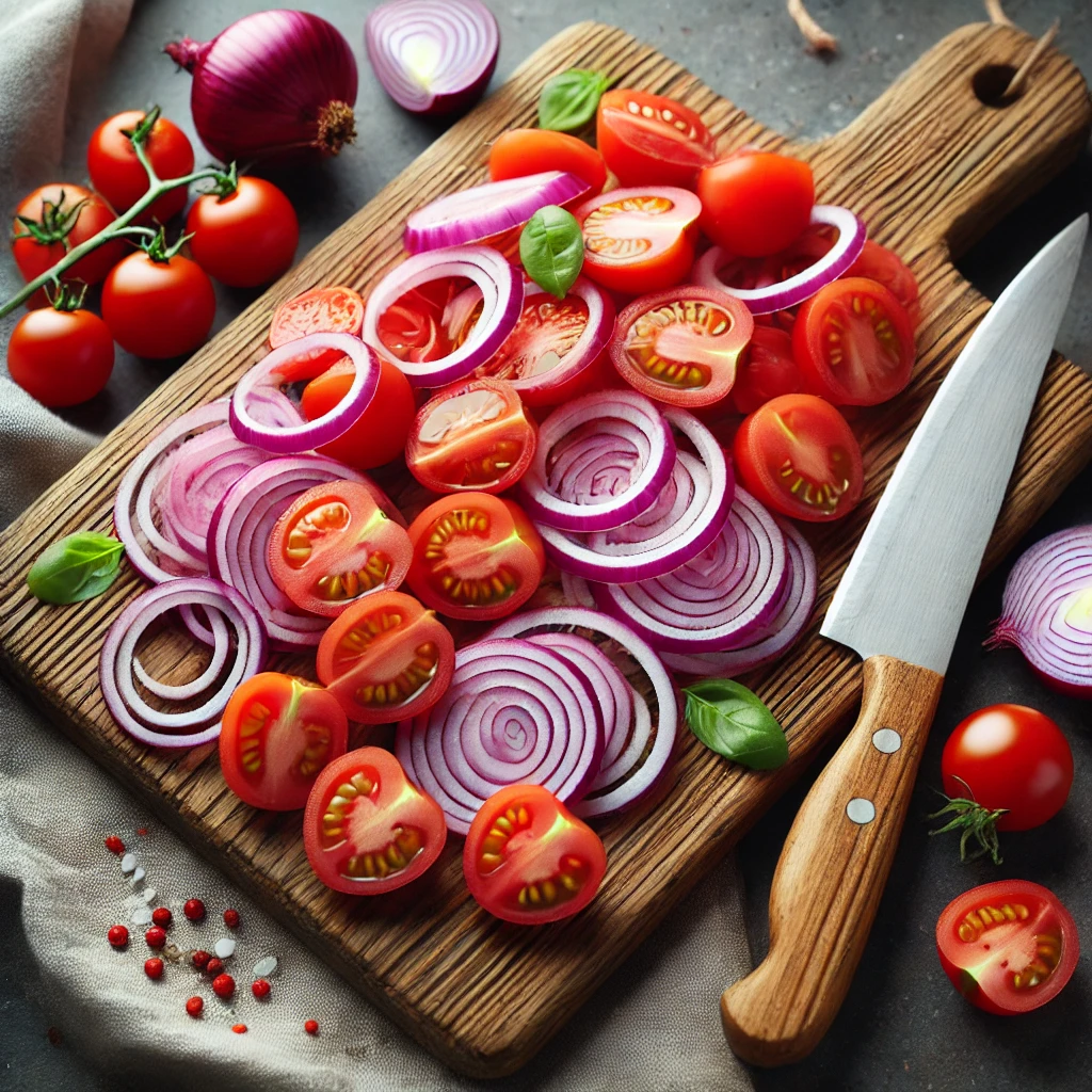 tomatoes and thinly sliced red onions on a wooden cutting board.