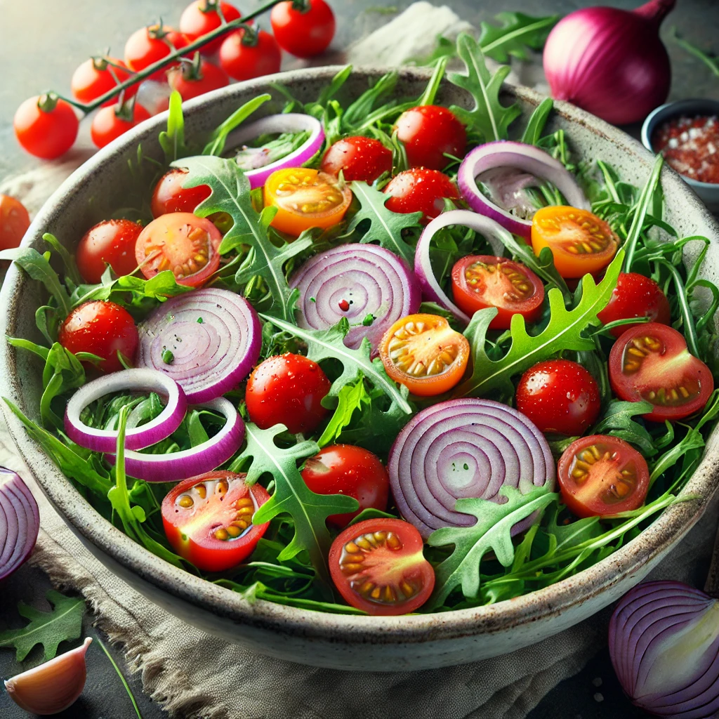 Mixing Arugula, Tomatoes, and Onion