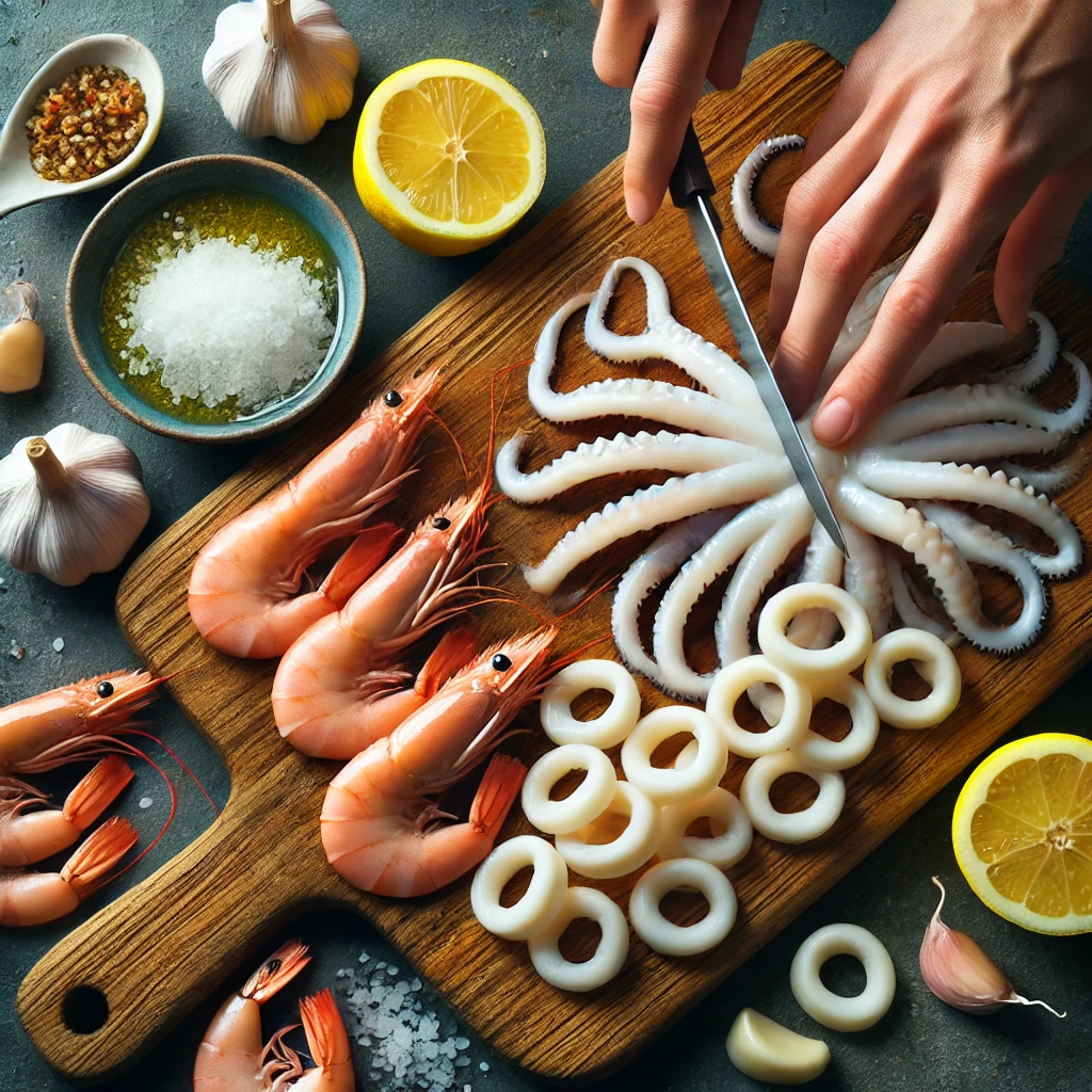 Clean and prep the shrimp and calamari.